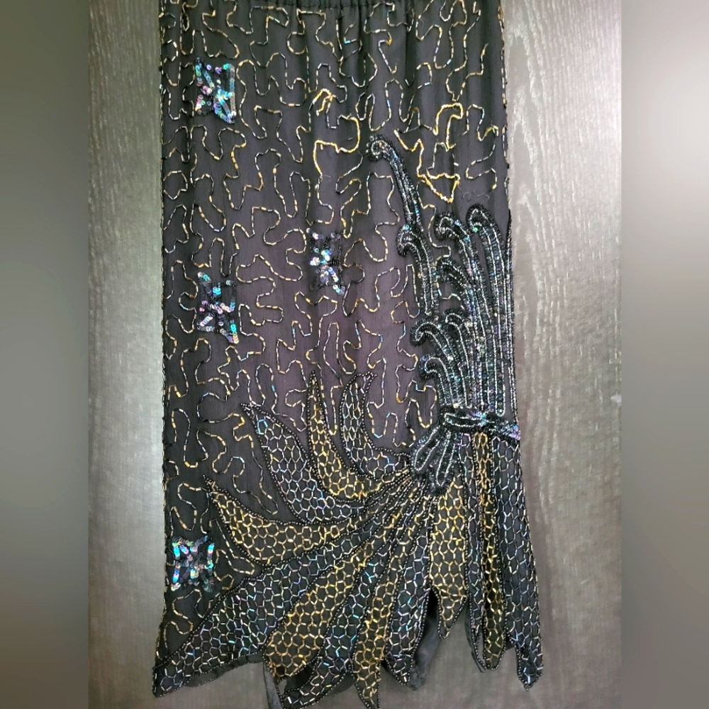 Vintage Black and Gold Embroidered Midi Skirt